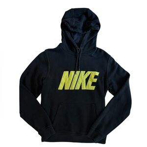 Nike Pullover Athletic Hoodie Sweatshirt Black with Neon logo Men S